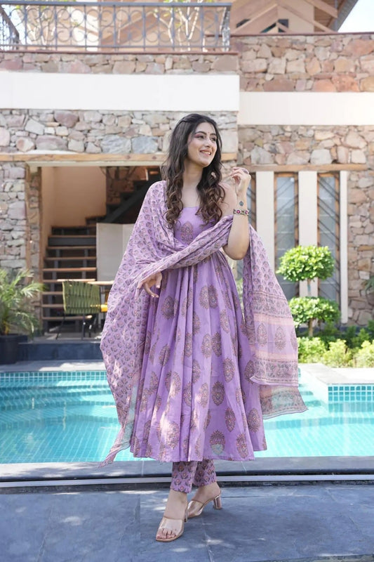 Trending Light Purple Digital Print Anarkali Suit Set