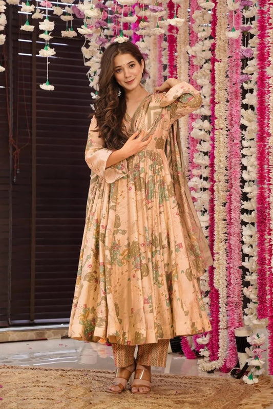 Stunning Beige Muslin Digital Print Anarkali Suit Set