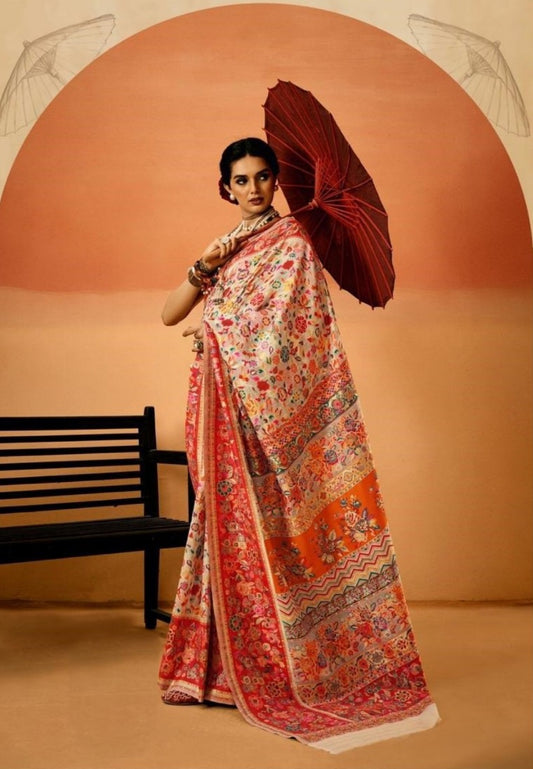 Beautiful Silk Off White Multicolor Kashmiri Saree