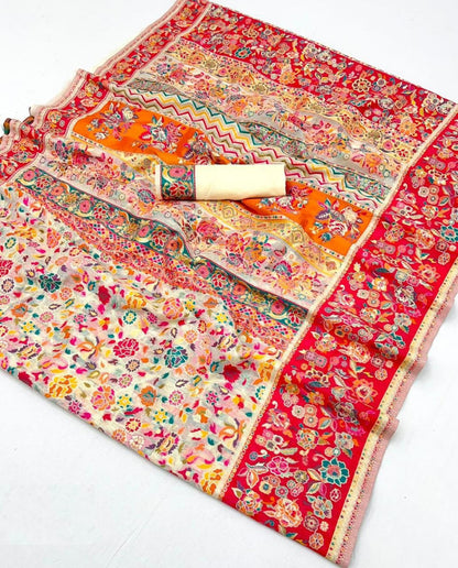 Beautiful Silk Off White Multicolor Kashmiri Saree
