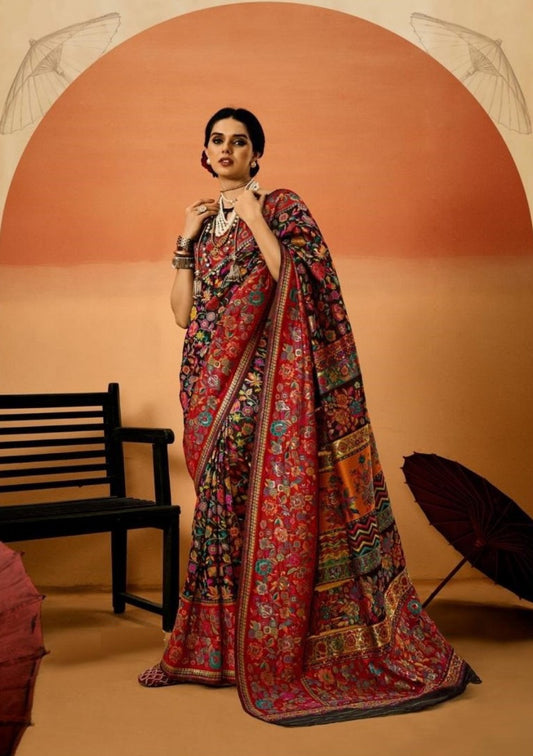 Iconic Silk Black Multicolor Kashmiri Saree