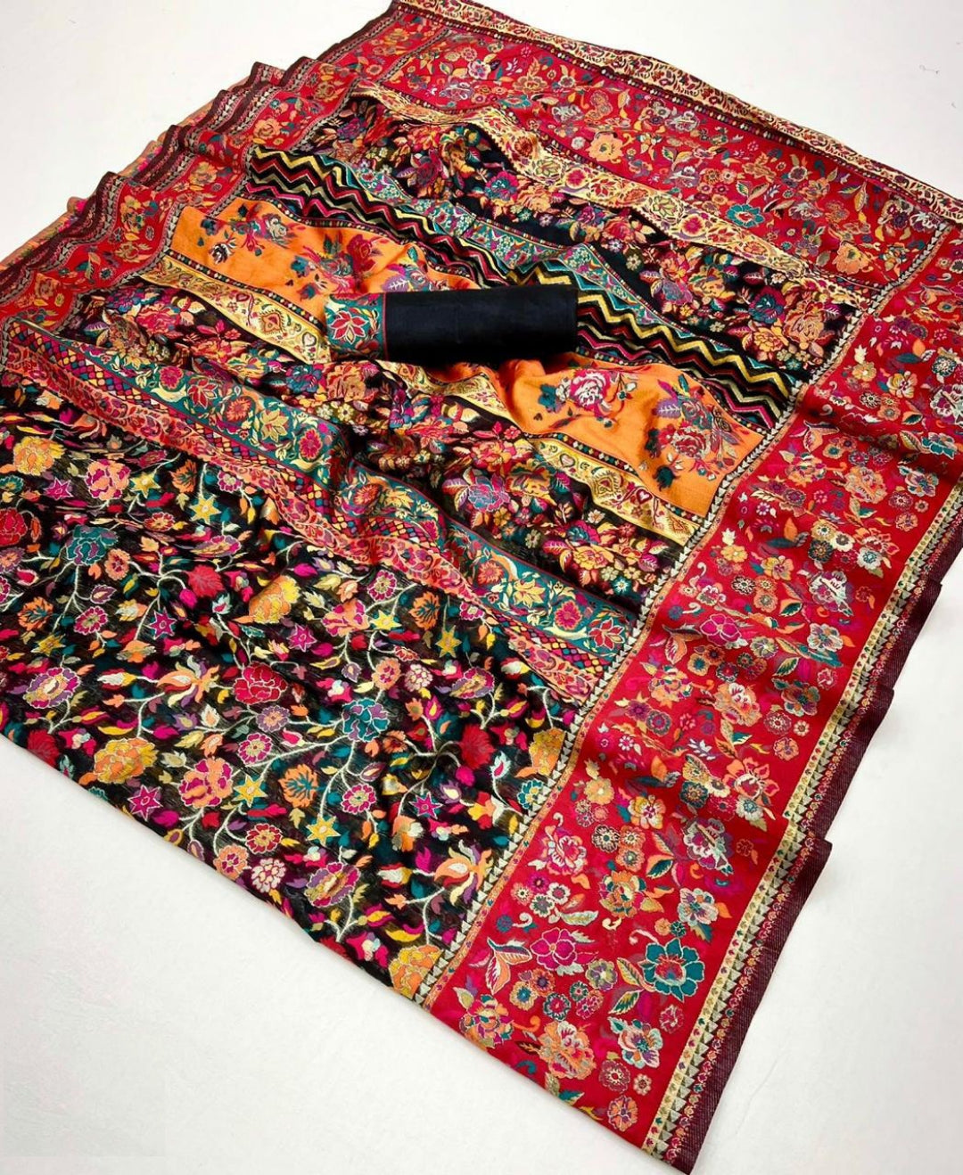 Iconic Silk Black Multicolor Kashmiri Saree