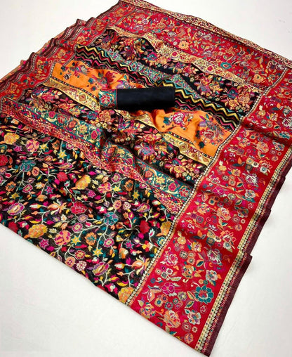 Iconic Silk Black Multicolor Kashmiri Saree
