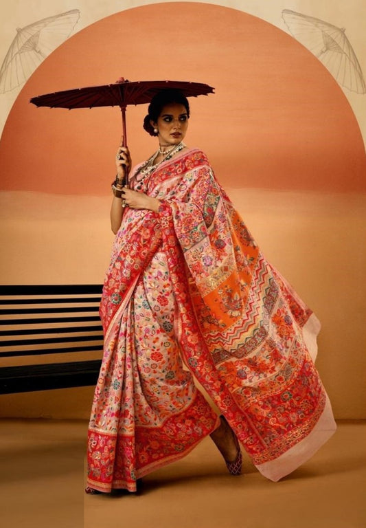 Designer Silk Pink Multicolor Kashmiri Saree