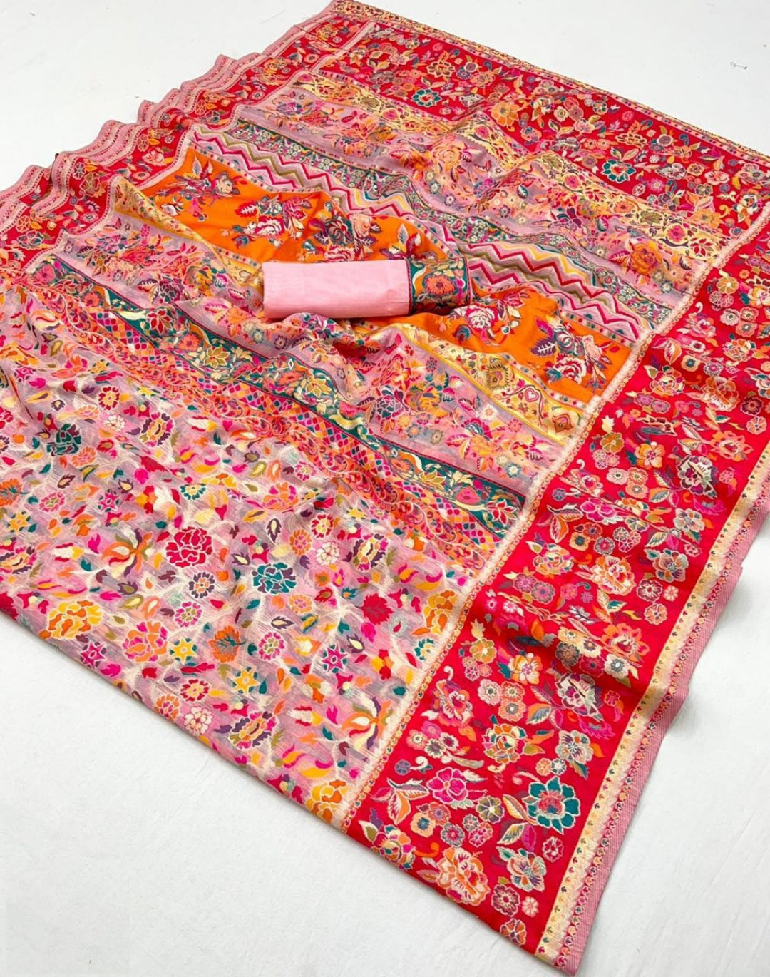 Designer Silk Pink Multicolor Kashmiri Saree