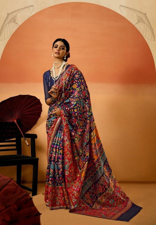 Fancy Silk Navy Blue Multicolor Kashmiri Saree