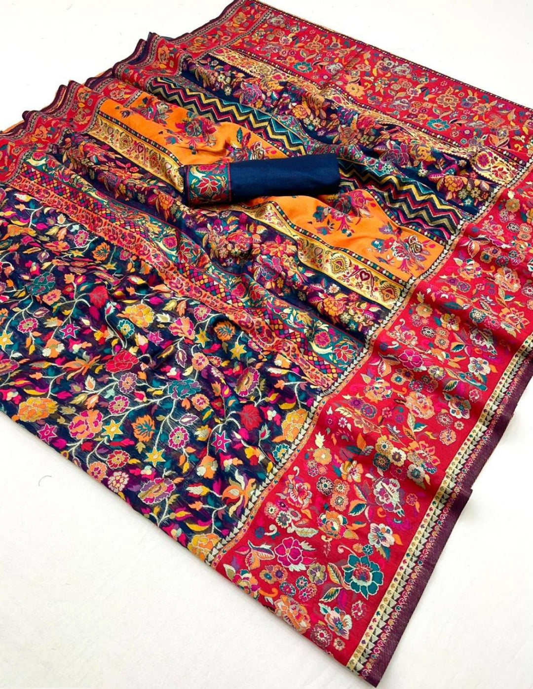 Fancy Silk Navy Blue Multicolor Kashmiri Saree