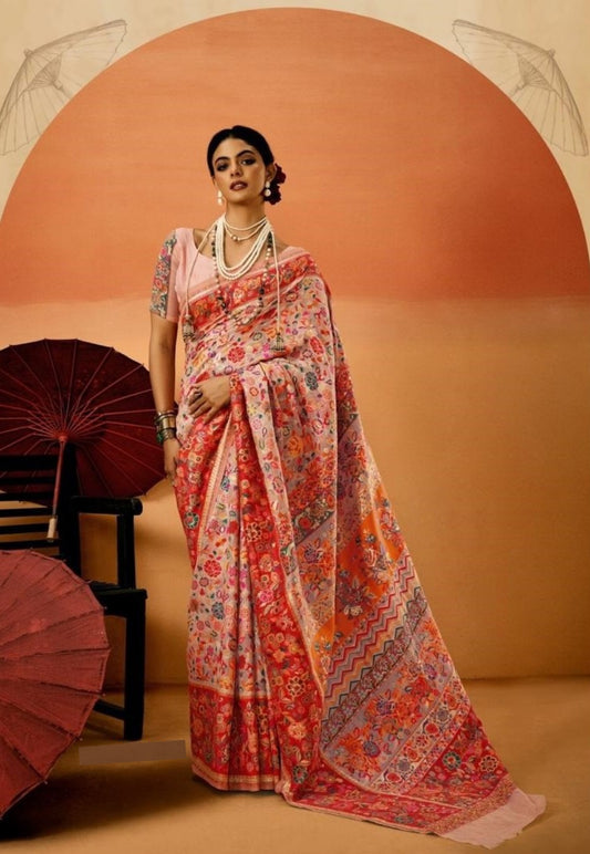 Classic Silk Peach Multicolor Kashmiri Saree