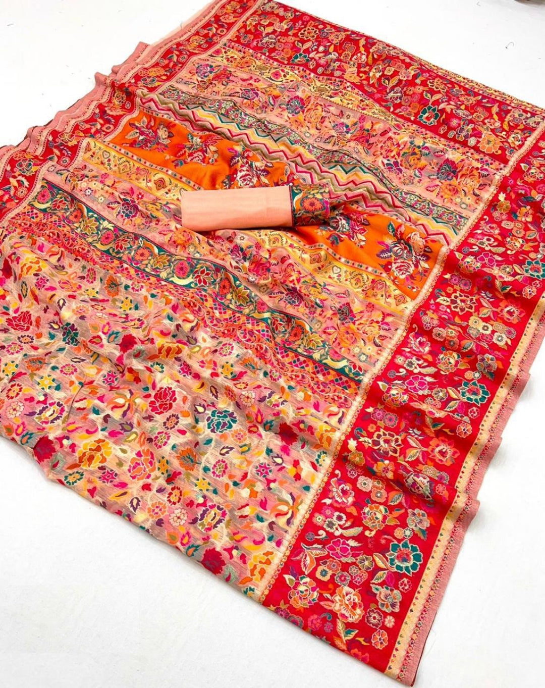 Classic Silk Peach Multicolor Kashmiri Saree