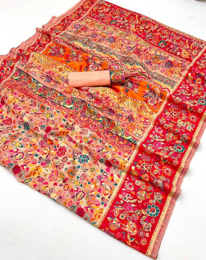 Classic Silk Peach Multicolor Kashmiri Saree
