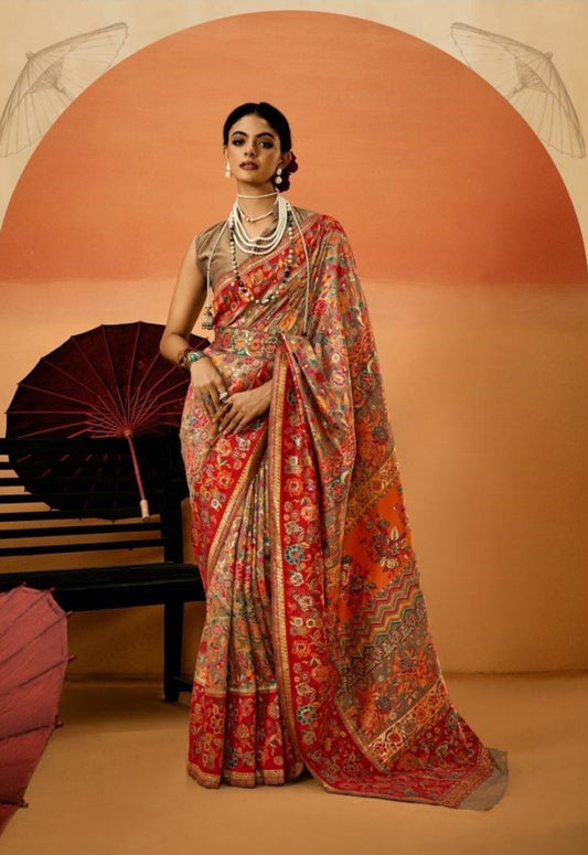 Vintage Silk Beige Multicolor Kashmiri Saree
