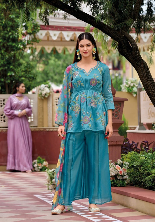 Women Blue Viscose Simmer Pant Suit Set