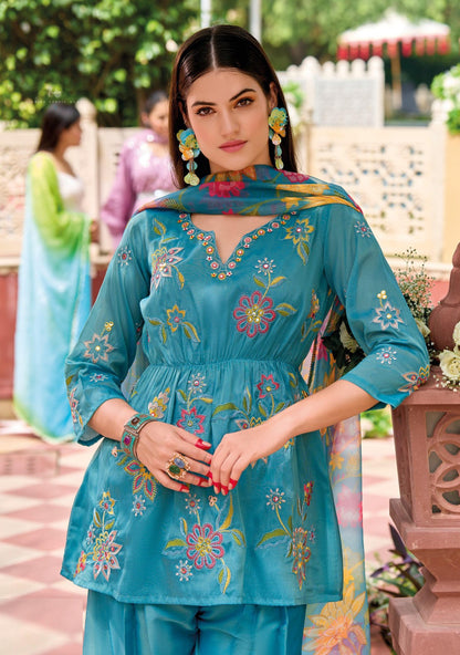 Women Blue Viscose Simmer Pant Suit Set