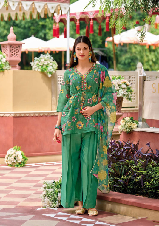 Women Green Viscose Simmer Pant Suit Set