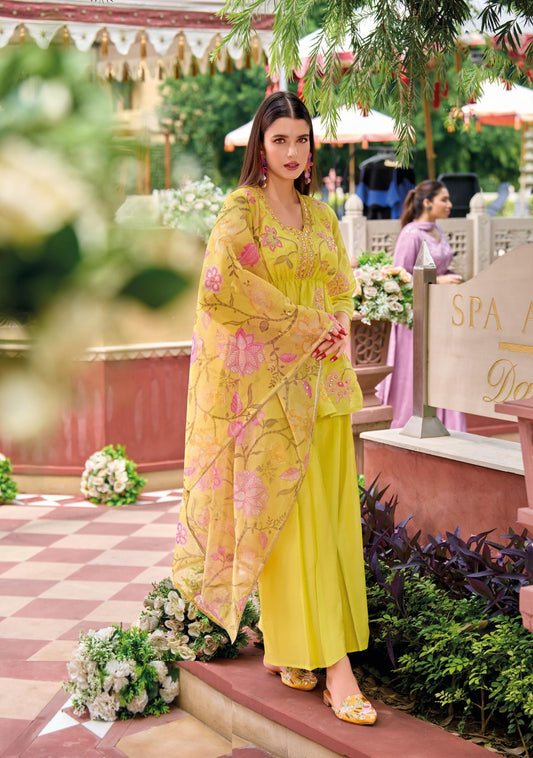 Women Yellow Viscose Simmer Pant Suit Set