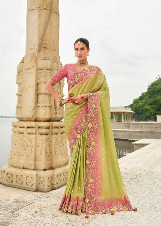 Polished Pink And Green Viscose Silk Embroidery Saree