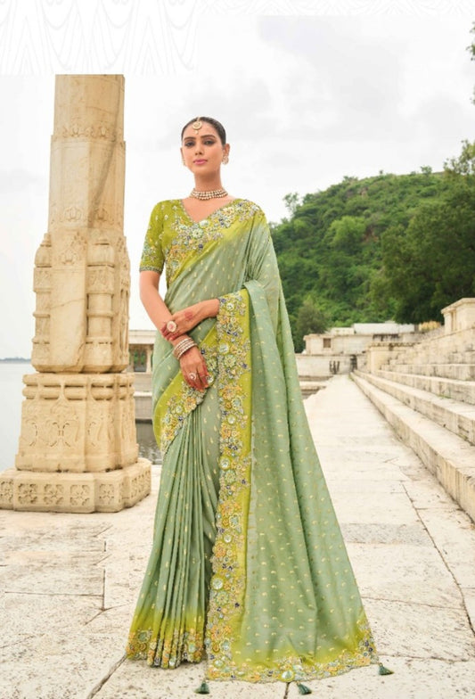 Luxurious Rama Green Viscose Silk Embroidery Saree