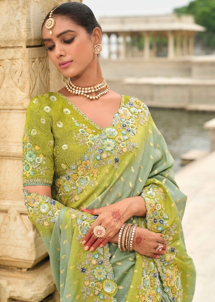 Luxurious Rama Green Viscose Silk Embroidery Saree