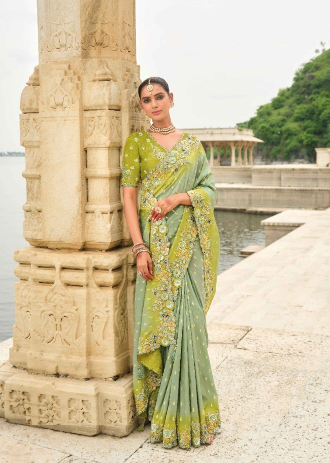 Luxurious Rama Green Viscose Silk Embroidery Saree