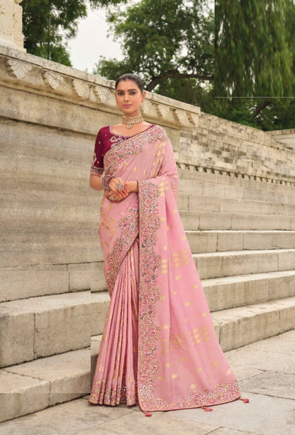 Trendy Pink And Burgundy Viscose Silk Embroidery Saree