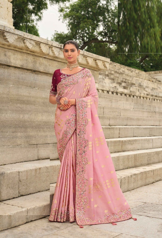 Trendy Pink And Burgundy Viscose Silk Embroidery Saree