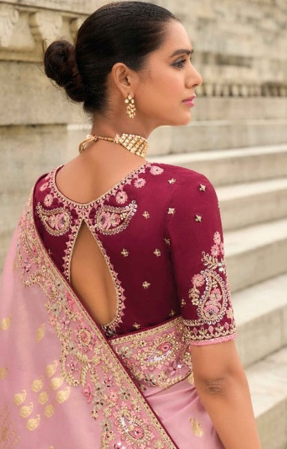 Trendy Pink And Burgundy Viscose Silk Embroidery Saree