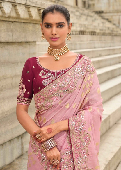 Trendy Pink And Burgundy Viscose Silk Embroidery Saree