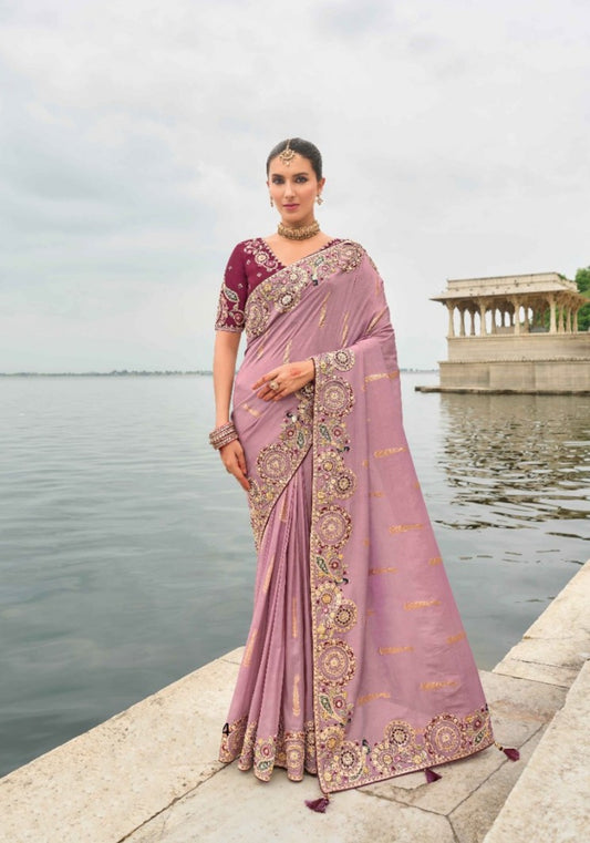 Dazzling Violet And Burgundy Viscose Silk Embroidery Saree