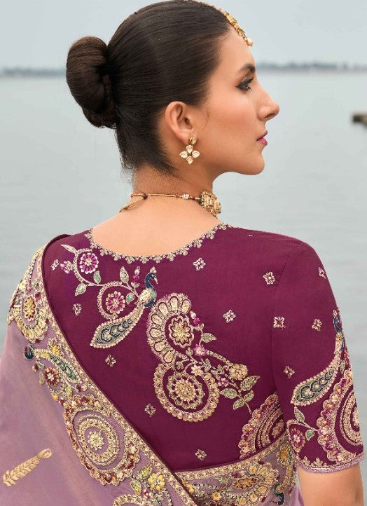 Dazzling Violet And Burgundy Viscose Silk Embroidery Saree