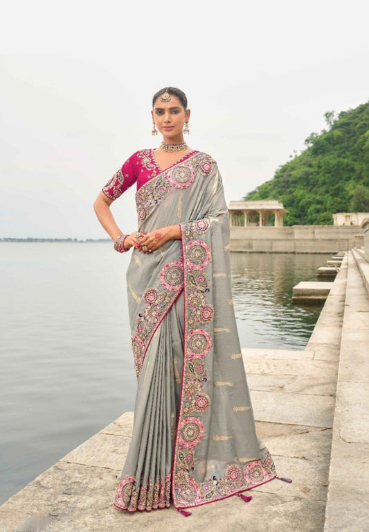 Glamorous Grey And Pink Viscose Silk Embroidery Saree