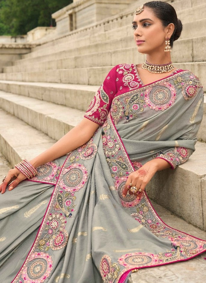 Glamorous Grey And Pink Viscose Silk Embroidery Saree