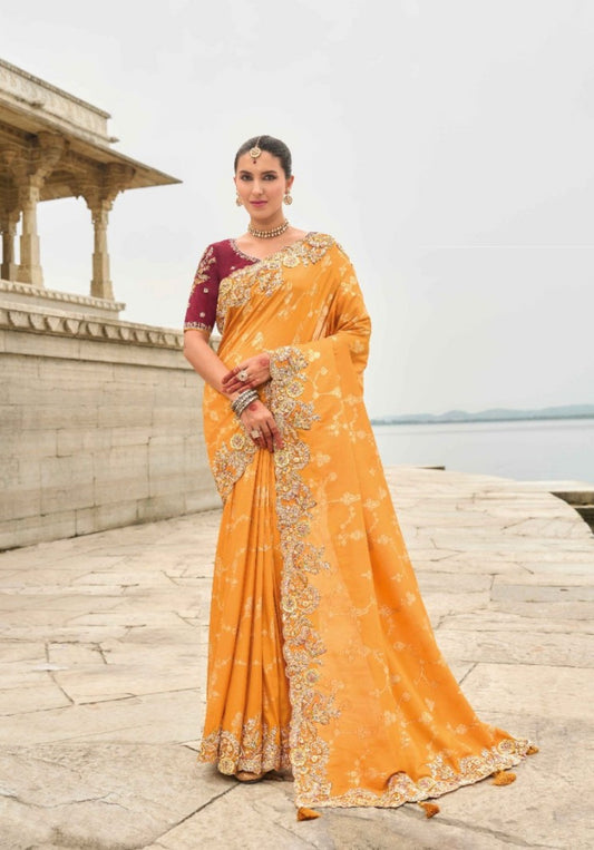 Classy Orange And Maroon Viscose Silk Embroidery Saree
