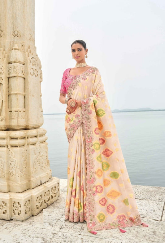 Stylish Off White And Pink Viscose Silk Embroidery Saree