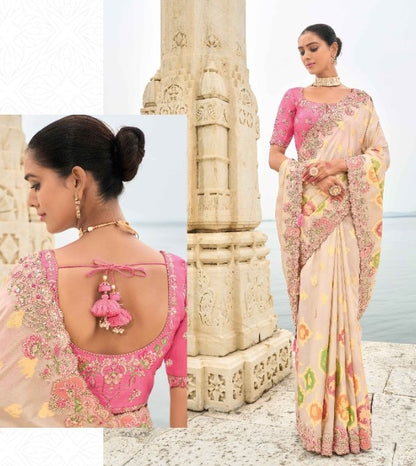 Stylish Off White And Pink Viscose Silk Embroidery Saree