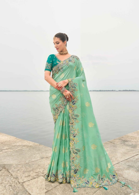 Vibrant Teal Viscose Silk Embroidery Saree