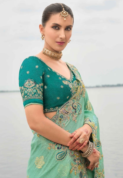 Vibrant Teal Viscose Silk Embroidery Saree