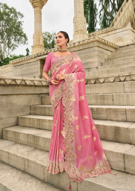 Alluring Pink Viscose Silk Embroidery Saree