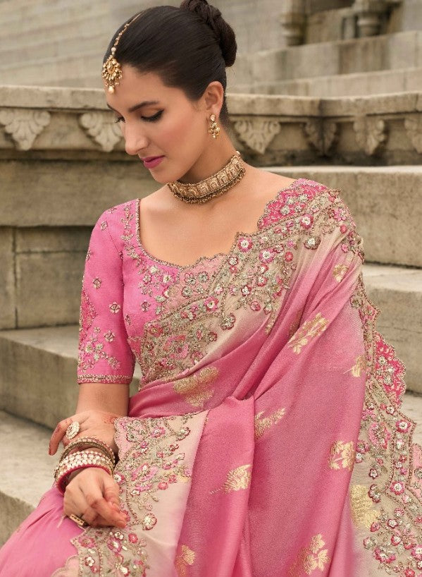 Alluring Pink Viscose Silk Embroidery Saree