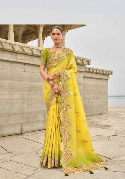Elegant Yellow And Green Viscose Silk Embroidery Saree