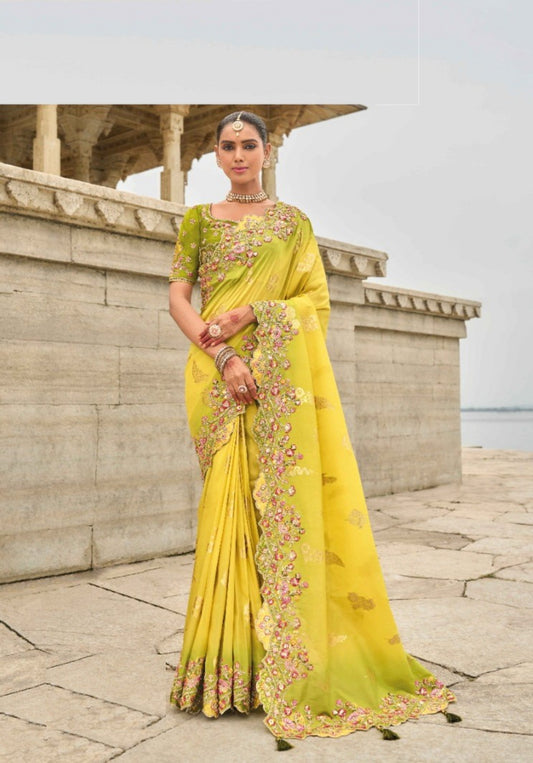 Elegant Yellow And Green Viscose Silk Embroidery Saree