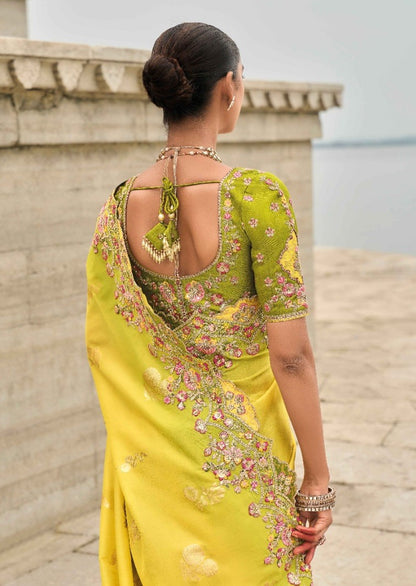 Elegant Yellow And Green Viscose Silk Embroidery Saree