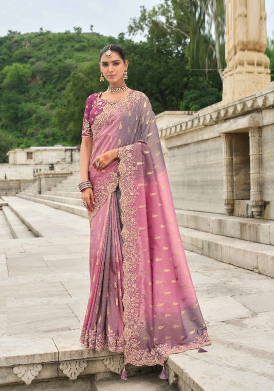 Graceful Pink And Grey Viscose Silk Embroidery Saree