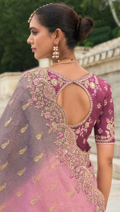 Graceful Pink And Grey Viscose Silk Embroidery Saree