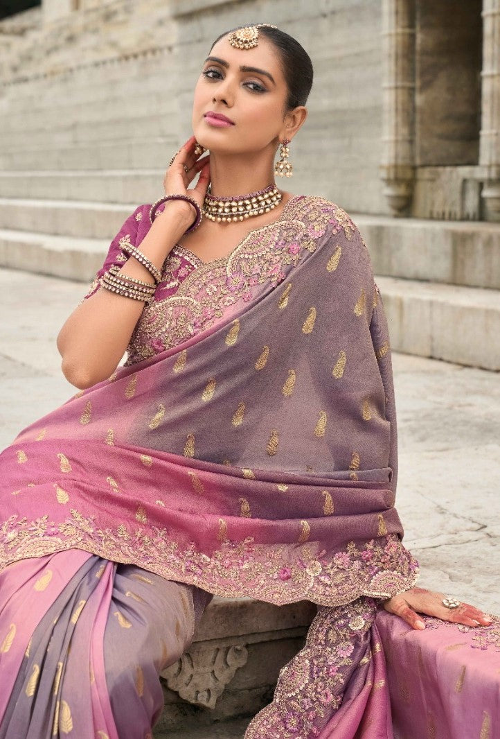 Graceful Pink And Grey Viscose Silk Embroidery Saree