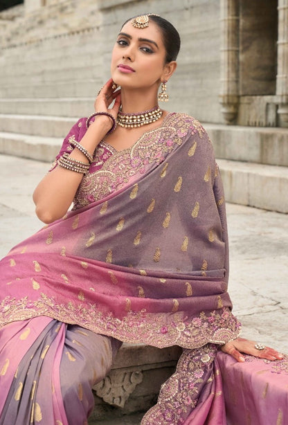 Graceful Pink And Grey Viscose Silk Embroidery Saree
