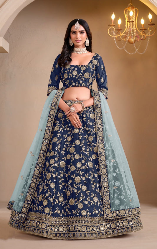Sublime Navy Blue Art Silk Traditional Lehenga