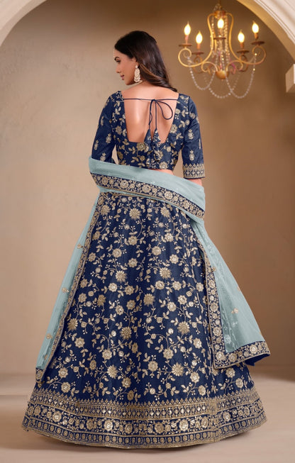 Sublime Navy Blue Art Silk Traditional Lehenga