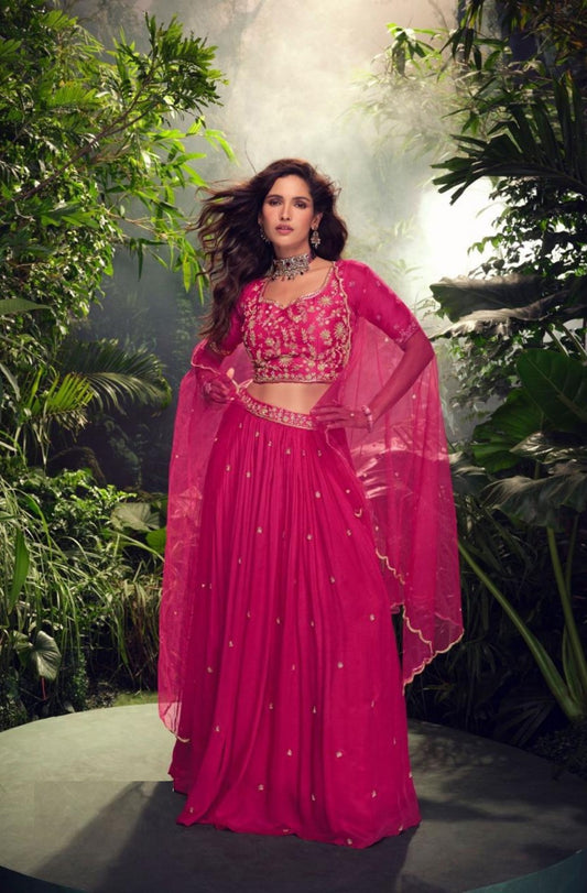 Women Pink Chinon Silk Gliterring Lehenga