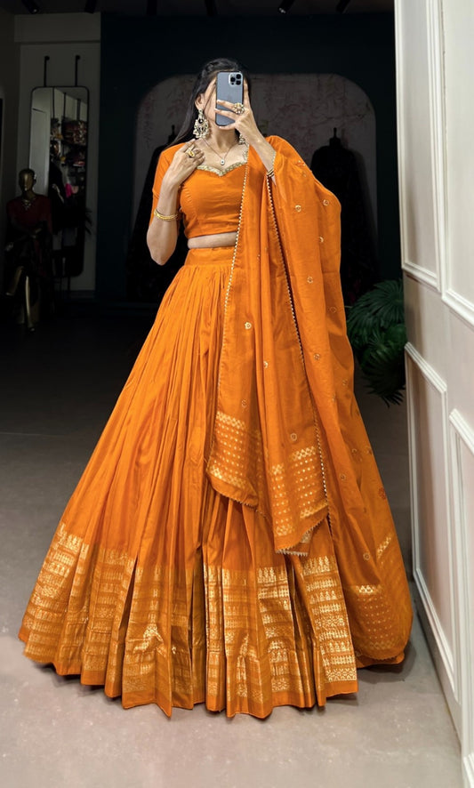 Women Mustard Chanderi With Zari Weaving Work Traditional Lehenga