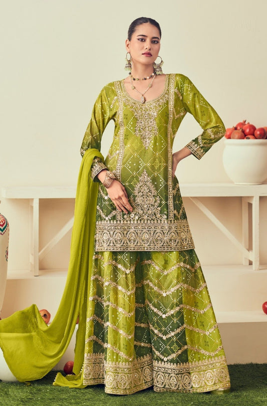 Flawless Green Chinon Sharara Suit Set With Jarkan Work